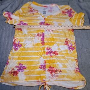 St. John's Bay‎ Woman's  M Yellow Floral Cap Sleeve V-Neck T-Shirt w/Drawstring